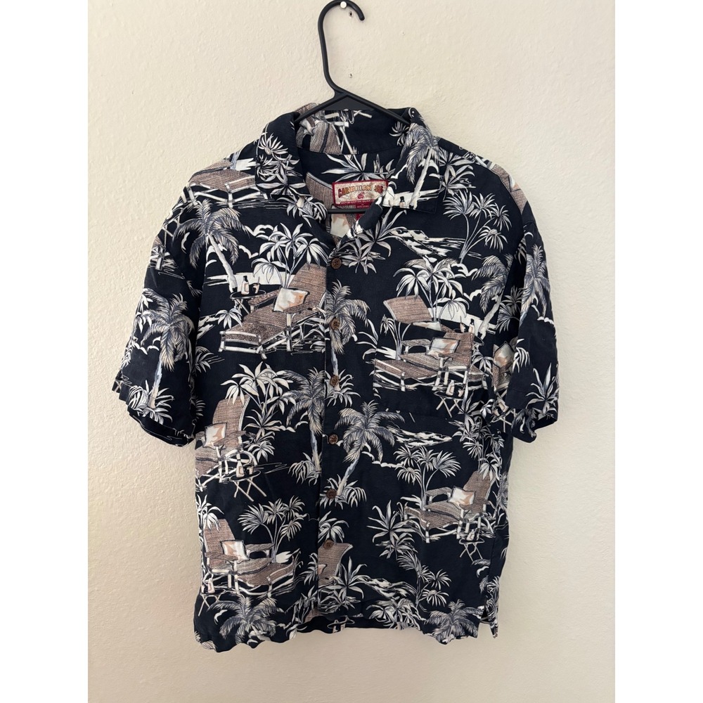 Caribbean Joe Mens M Linen Blend Tropical Palm Tree Hawaiian Shirt Navy A1084